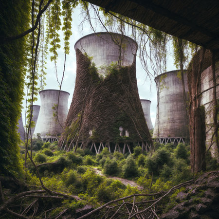 Nuclear power plant in the forest. Filtered image processed vintage effect.の素材
