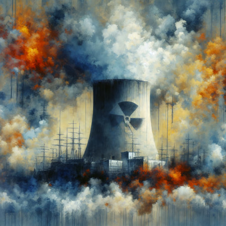 Nuclear power plant in flames and smoke. 3D illustration.の素材