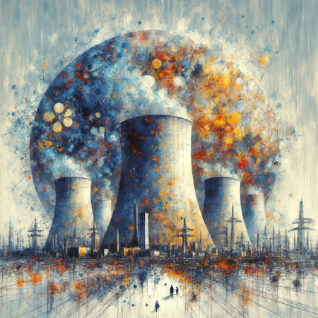 Nuclear power plant with blue and orange smoke. Digital painting.の素材