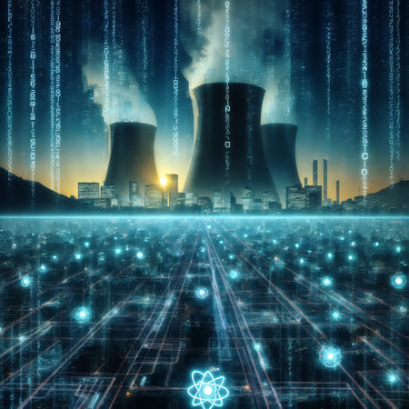 Concept of nuclear power plant with binary code. 3D renderingの素材