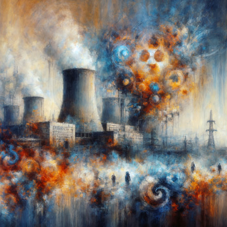 Nuclear power plant with smoke and fire. 3D illustration.の素材