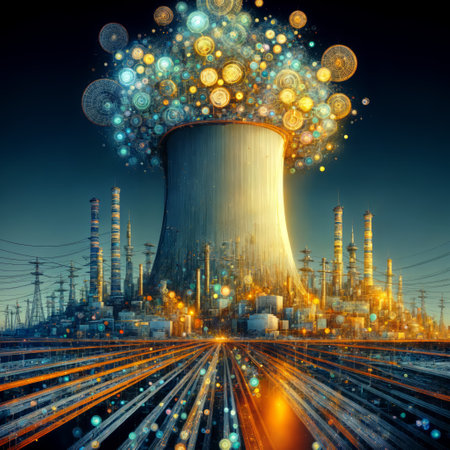 Nuclear power plant at night with fireworks. 3D illustration.の素材