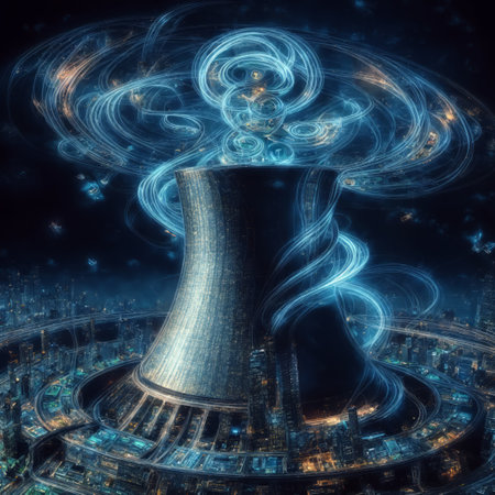 Nuclear power plant in the city at night, 3d illustrationの素材