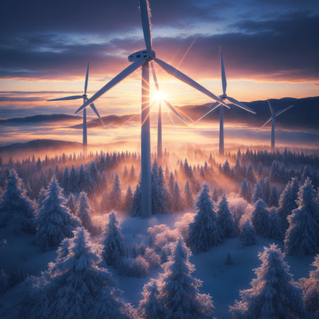 Fantastic winter landscape with wind turbines in the mountains at sunsetの素材