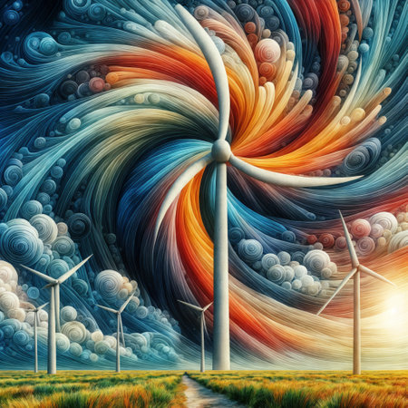 Wind turbines in the meadow at sunset. 3D illustration.の素材