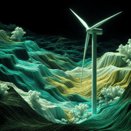 Wind turbines generating electricity in 3d illustration with green waves and cloudsの素材