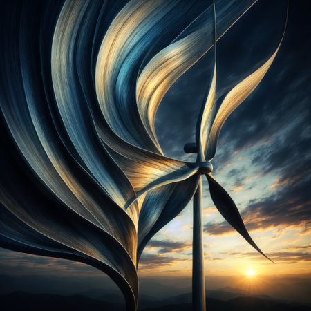 Wind turbine on the background of a beautiful sunset. 3D renderingの素材