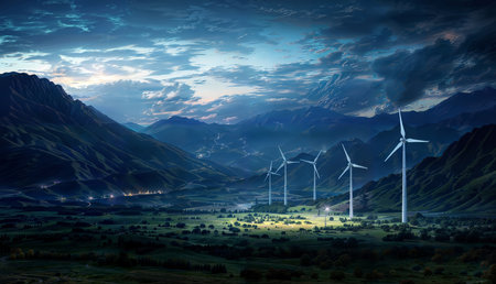 Landscape with wind turbines and mountains at night. 3d renderingの素材