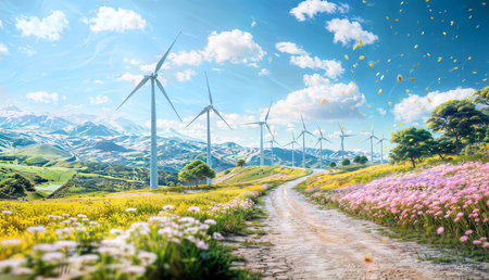 Wind turbines generating electricity on the hillside with blue sky background.の素材