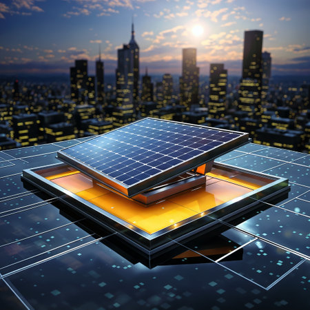 solar cell with city in the background. 3d illustration.の素材