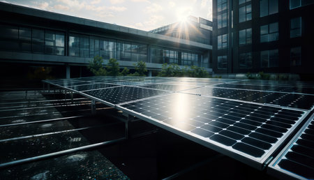 Solar panels on the roof of a modern office building. 3d renderingの素材