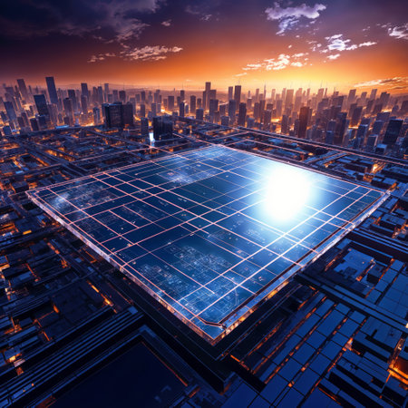 3d render of modern city at night with solar panels on roofの素材