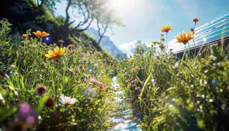 Beautiful flower garden in the morning with sunlight and blue sky.の素材