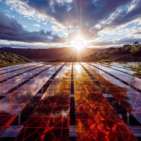 Mountain Majesty: Sunset Reflection on Solar Panels in Valleyの素材