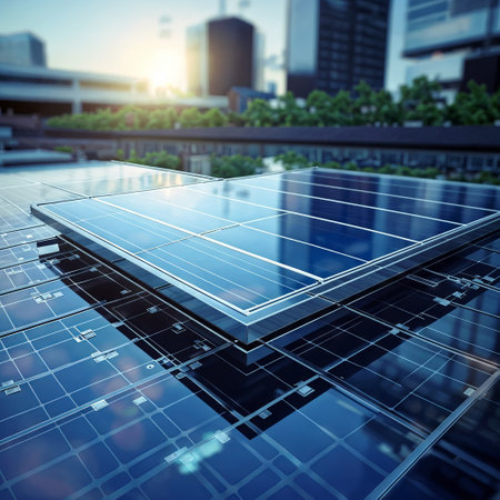 City Elevation: Solar Panel on Rooftop Amidst Skylinesの素材