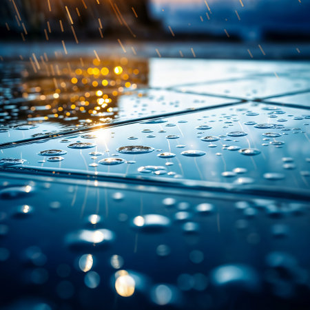City Mirage: Water Droplets on Reflective Blue Surfaceの素材