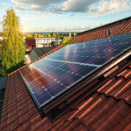 Red Roof Radiance: Solar Panel Atop Vibrant Rooftopの素材