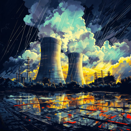 Industrial Symphony: Power Station with Cooling Towers in a Cloudy Landscapeの素材