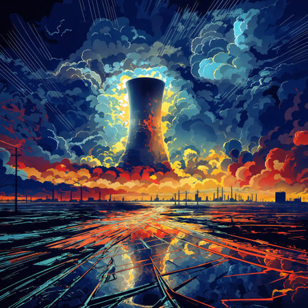 Nocturnal Emissions: Power Plant at Night with Colorful Clouds and Smokeの素材