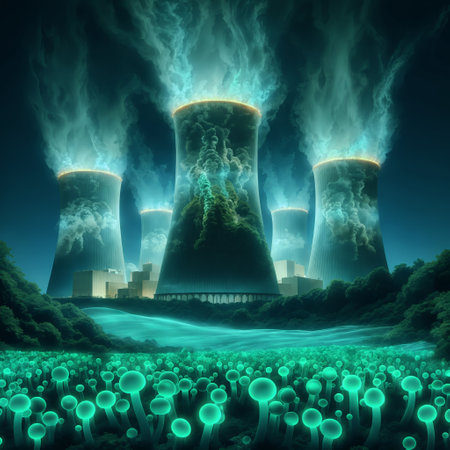 Glowing Reactor: Nuclear Power Plant Emitting Green Smoke in the Darkの素材