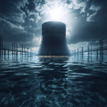Midnight Menace: Dark Image of a Nuclear Power Plant in the Nightの素材