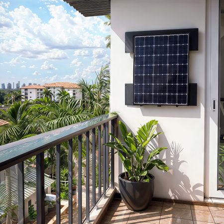 Solar panels installed on the balcony of a modern house with a view of the cityの素材
