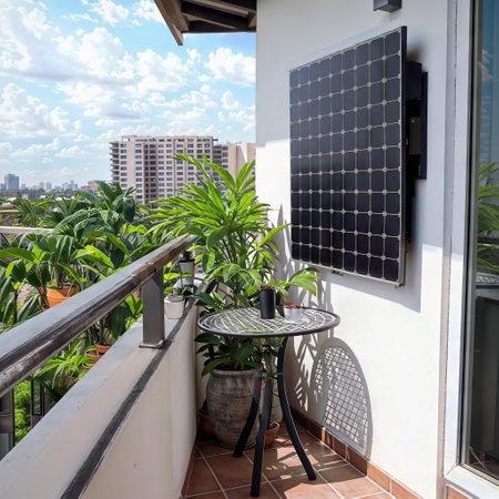 Solar panel on the balcony of the house with a view of the cityの素材