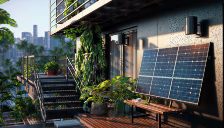 Solar panels installed on the balcony of the house. 3D rendering.の素材