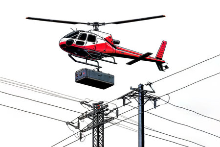 Helicopter on the background of electric wires and power lines.の写真素材
