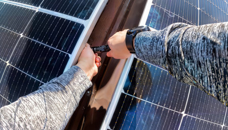 Close-up of hands installing solar panels on the roof. Connecting electrical connectors to each...