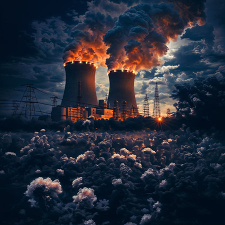 Nuclear power plant with huge smoke in the sky. 3d renderingの素材
