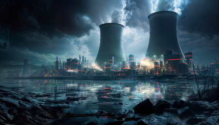 Nuclear power plant at night with reflection in water. 3D renderingの素材