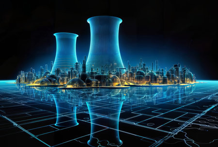 Nuclear power plant with chimneys and cityscape on dark backgroundの素材