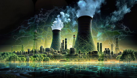 Power plant with glowing chimneys against the background of the planet Earthの素材