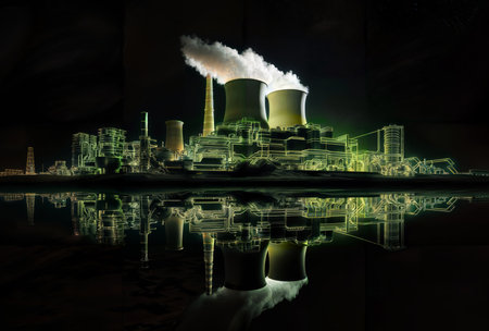 Industrial landscape with chimneys and reflection in water. 3D renderingの素材