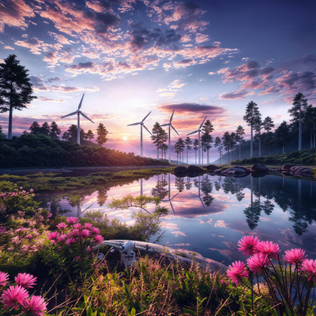 A serene landscape with a body of water, pink flowers, wind turbines, and a sunset sky.の素材