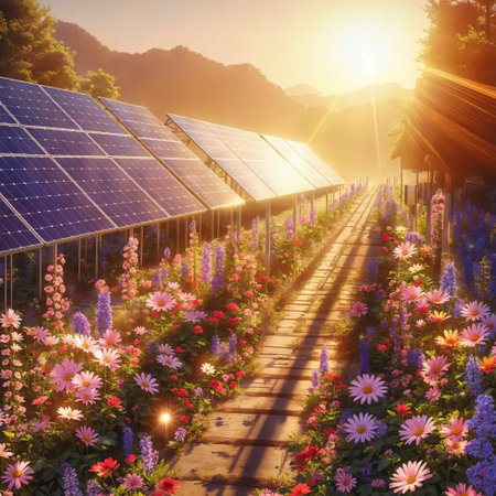 A solar panel farm with a pathway through a flower garden in the foreground.の素材