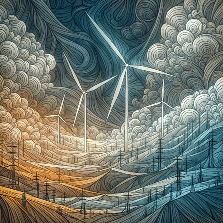 The image is an illustration of three wind turbines on a hill. The sky is filled with swirling clouds and power lines extend from the hills to the turbines.の素材
