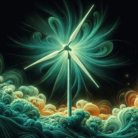 A wind turbine with green blades is in the center of the image, standing tall over a sea of swirling, colorful waves. The background is a black sky with a single star visible in the distance.の素材