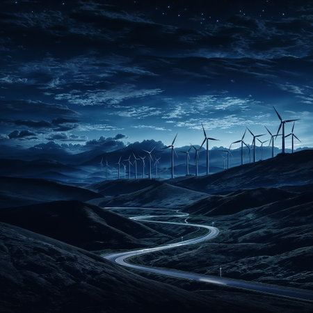 A winding road at night with a wind farm in the distance and a dark blue sky with stars.の素材