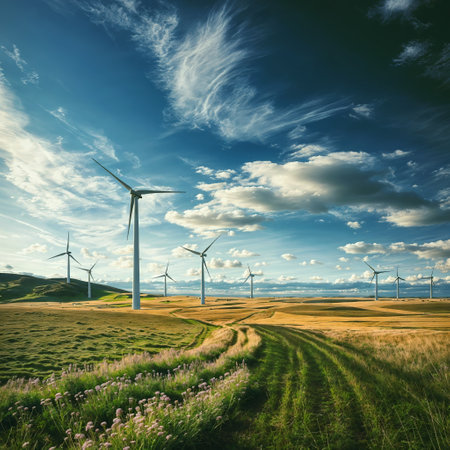 A field of grass with turbine winds in the distance and a blue sky above.の素材