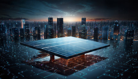 Solar panels on the background of the modern city. 3d renderingの素材