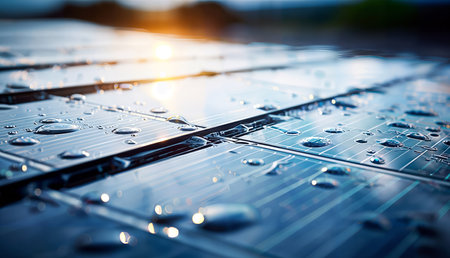 Solar panel with water drops. Alternative energy source. Closeup.の素材