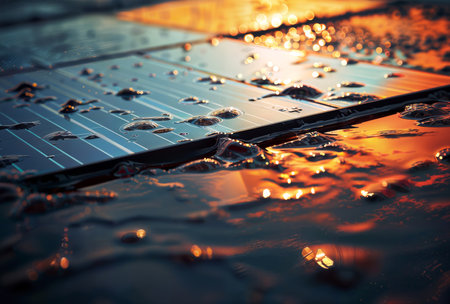 solar panel with water drops on the roof of a building at sunsetの素材