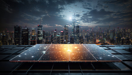 Solar panel with cityscape at night. Alternative energy concept. 3D Renderingの素材