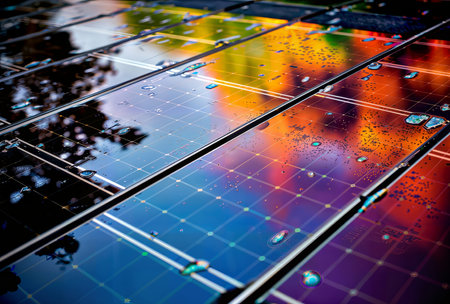 solar cell with water drops on the glass surface. abstract backgroundの素材