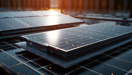 solar panels on the roof of a modern building. 3d renderingの素材