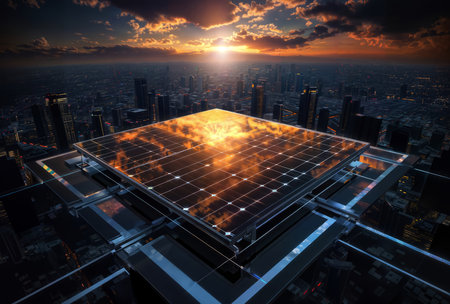 solar energy panel on the city at sunset 3d rendering imageの素材