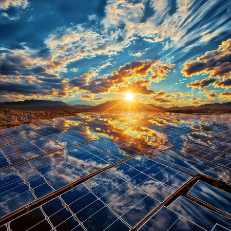 A solar panel field with a sunset sky and clouds.の素材