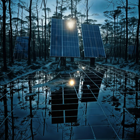 A forest at night with solar panels reflecting in a puddle.の素材